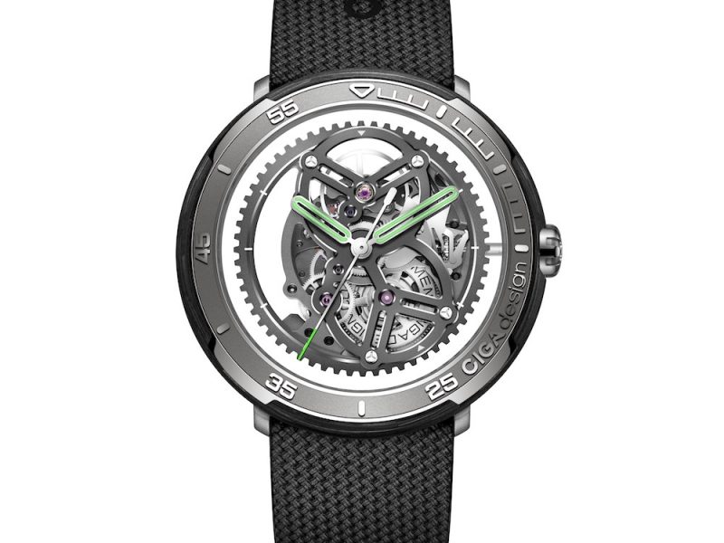 CIGA Design Vector watch features a transparent dial showcasing intricate mechanics and a black textured strap.