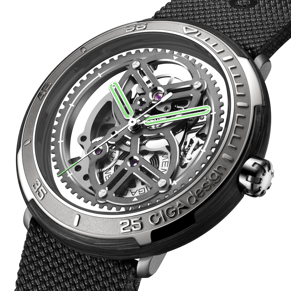 Sleek CIGA Design Vector watch showcasing a transparent dial with intricate mechanics and green accents.