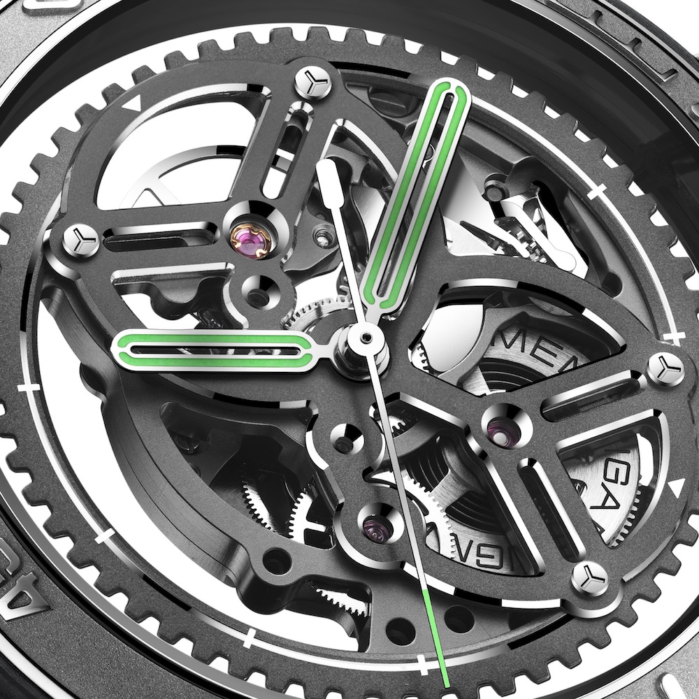 Close-up of the intricate mechanical movement of the CIGA Design Vector watch, showcasing gears and hands in black and green.