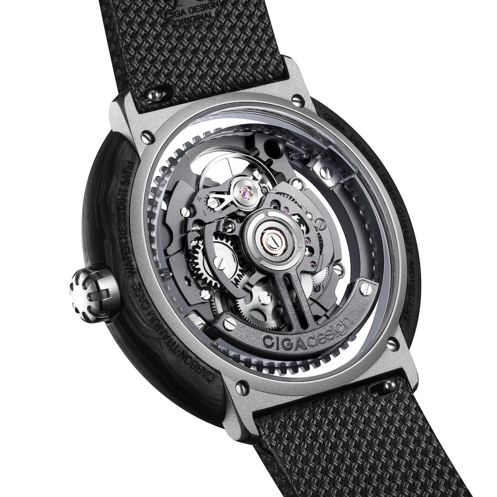 Skeleton back view of the CIGA Design Vector watch showing intricate mechanical details and a textured black strap.