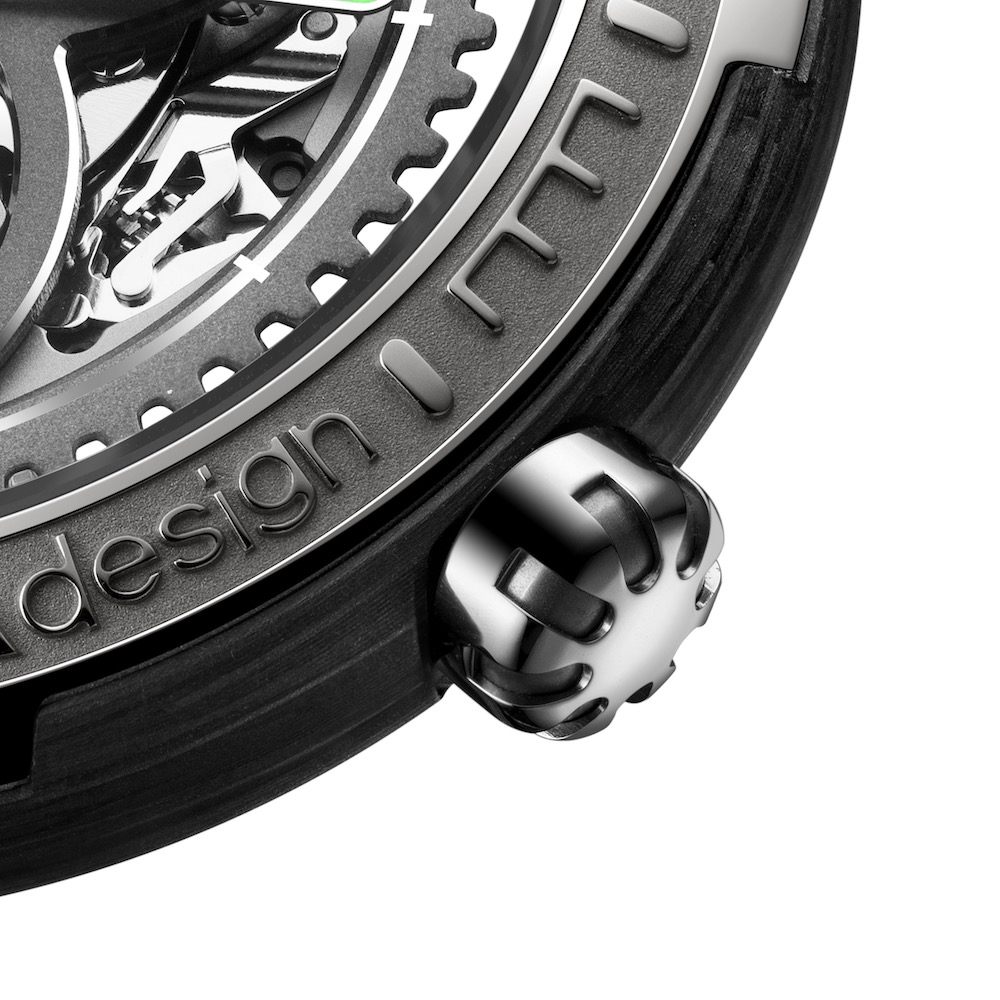 Close-up of the CIGA Design Vector watch showing its intricate mechanical details and stylish black and silver casing.