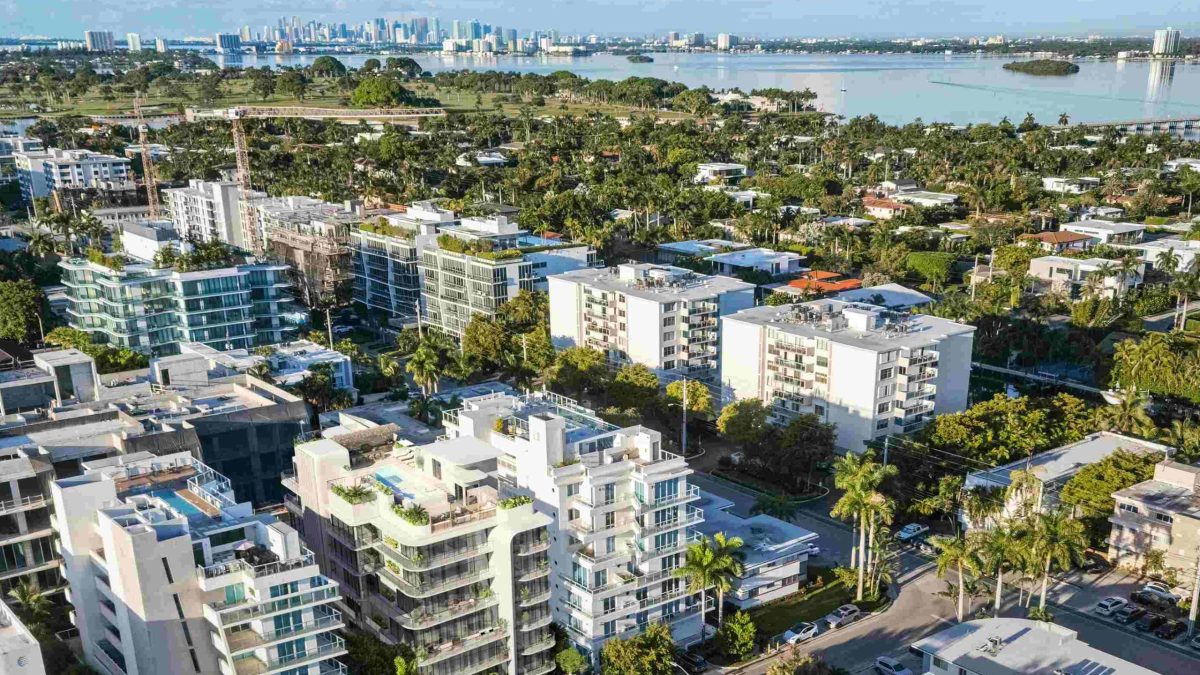 Aerial view of Bay Harbor Islands showcasing modern architecture and greenery, highlighting the new penthouse's location.