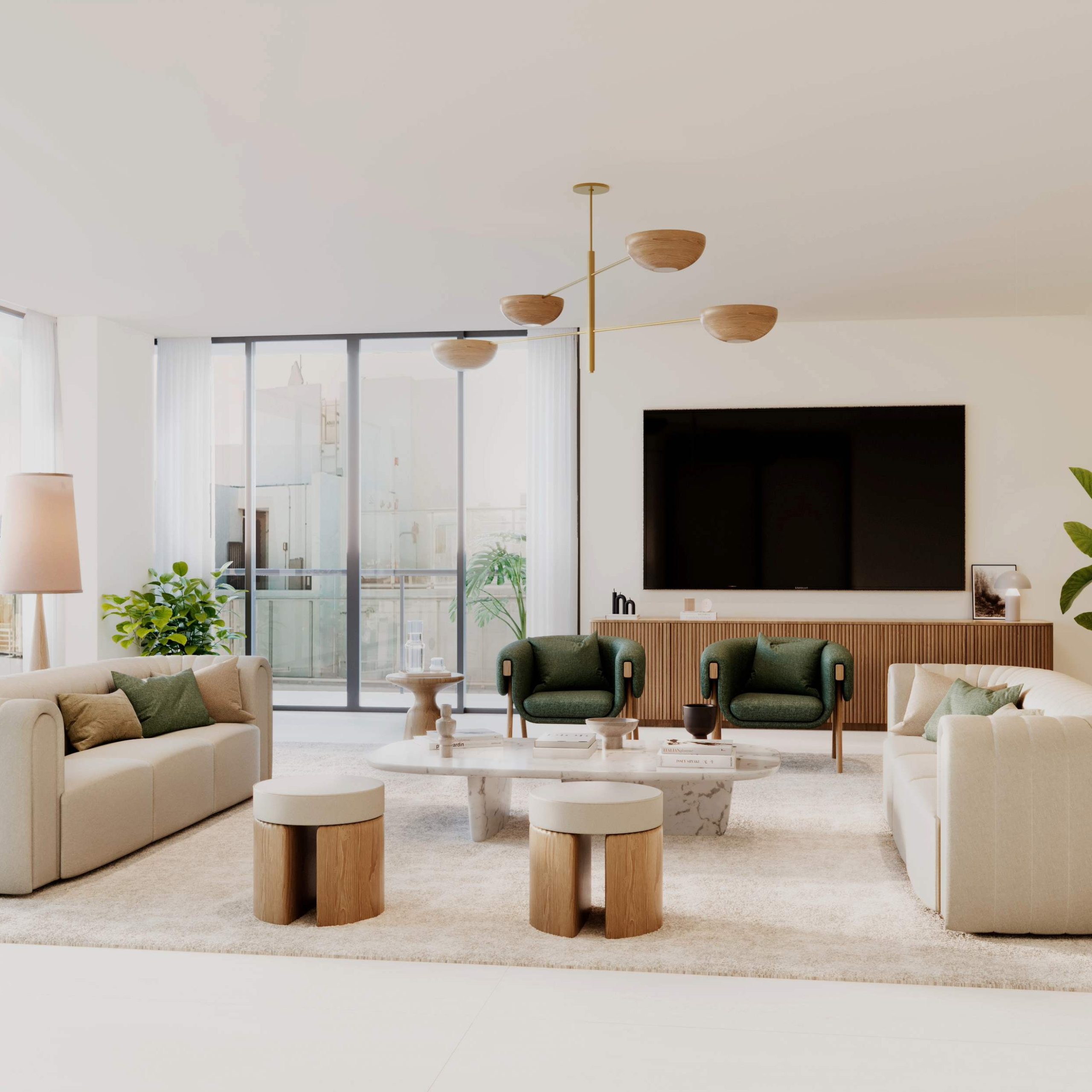Modern living room featuring plush sofas, green armchairs, a coffee table, and large windows for natural light.