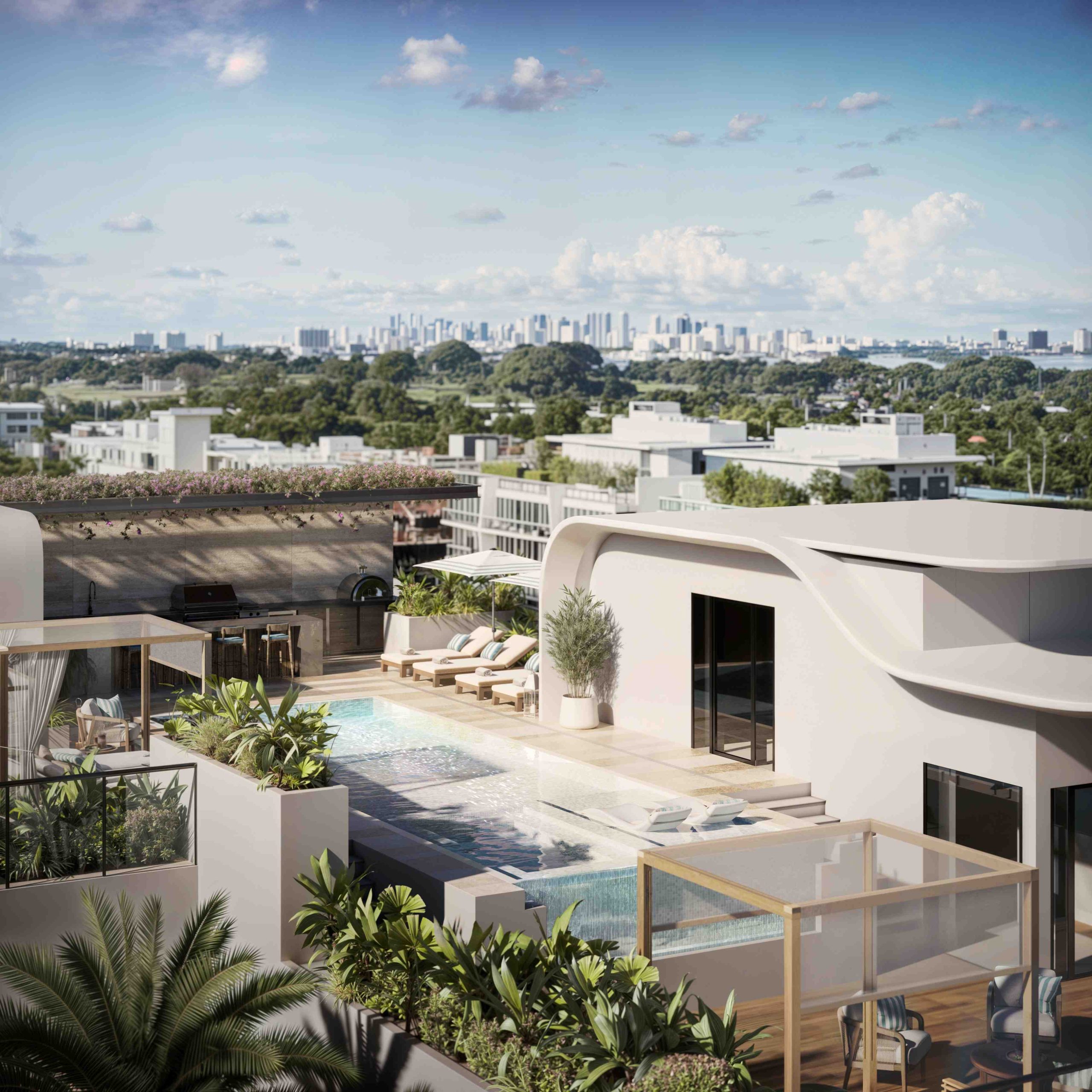 Rooftop view of a modern penthouse with a pool, lounge area, and city skyline in the background, showcasing architecture and wellness.