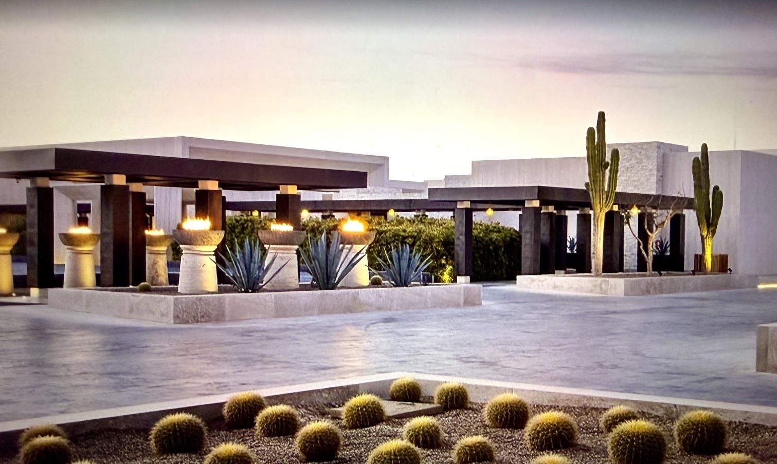 Stylish outdoor area at the Luxury Nobu Hotel & Residence Los Cabos featuring cacti, soft lighting, and contemporary architecture.