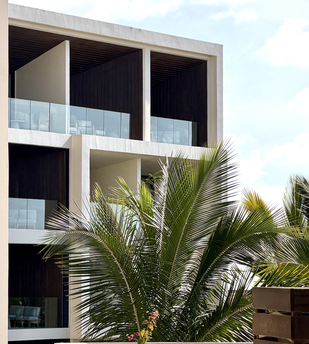 Modern guest rooms at Nobu Hotel & Residence Los Cabos, surrounded by lush palm trees and bright blue skies.