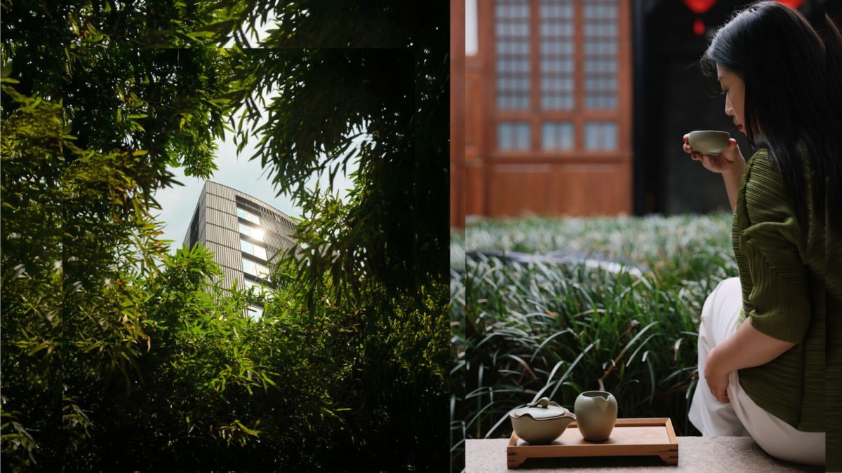 A modern building viewed through lush greenery, with a woman enjoying tea in a serene garden setting.