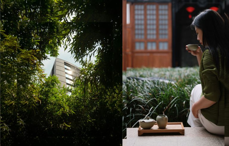A modern building viewed through lush greenery, with a woman enjoying tea in a serene garden setting.