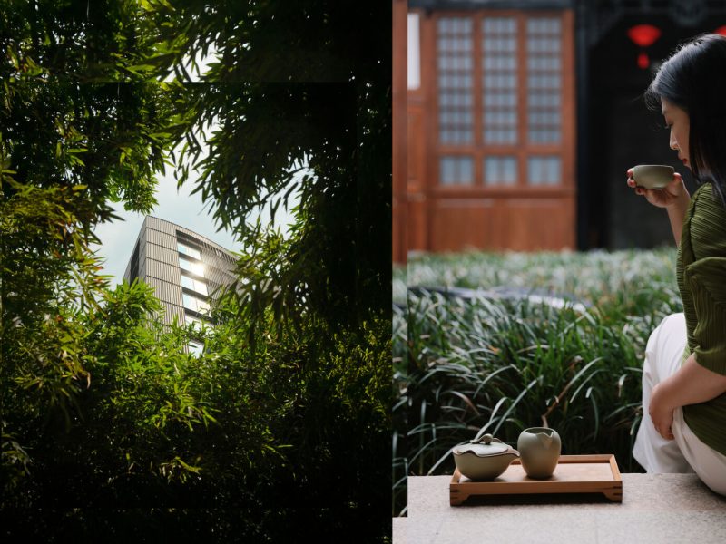 A modern building viewed through lush greenery, with a woman enjoying tea in a serene garden setting.
