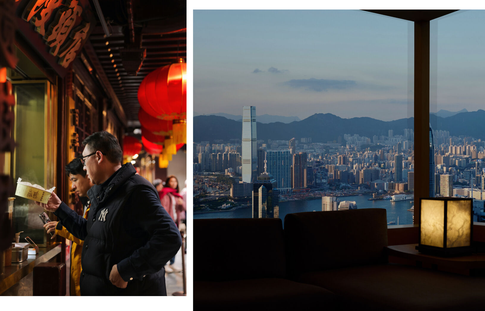 Local diners explore food options in a vibrant Shanghai street with red lanterns, alongside a panoramic view of Hong Kong's skyline.