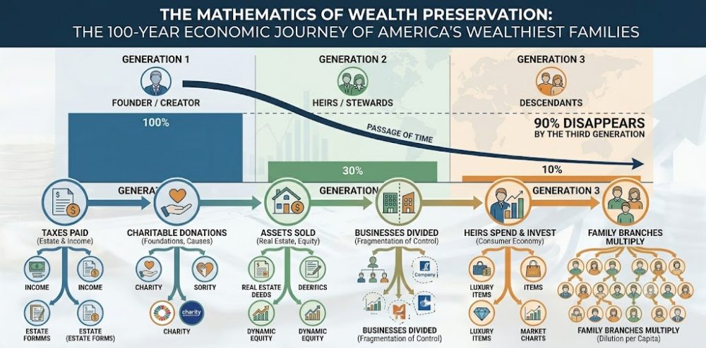 Infographic illustrating the economic journey of America's wealthiest families over a century, focusing on wealth preservation and distribution.