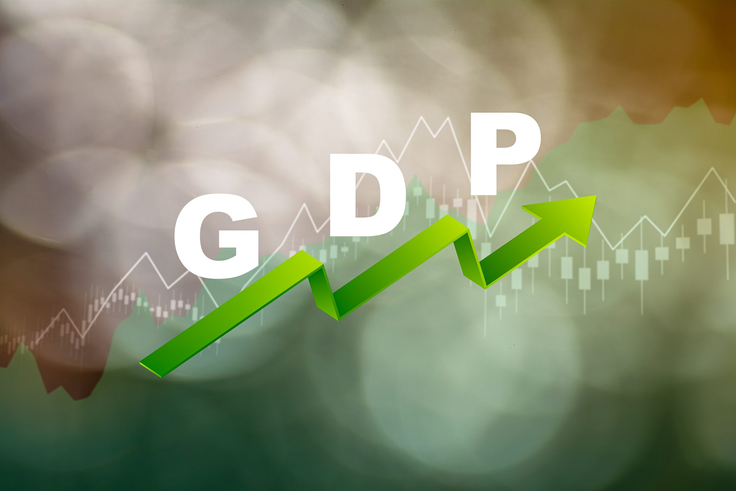 Green arrow indicating growth in GDP, with graphs in the background representing economic trends and wealth dynamics.