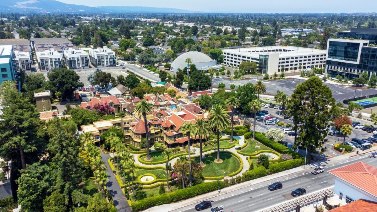 Aerial view of a landscaped area in San Jose featuring palm trees, historic architecture, and surrounding urban development.