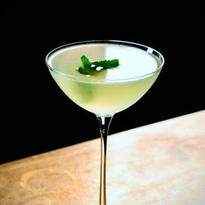A South Side cocktail featuring a green mint garnish in a stylish glass on a wooden surface.