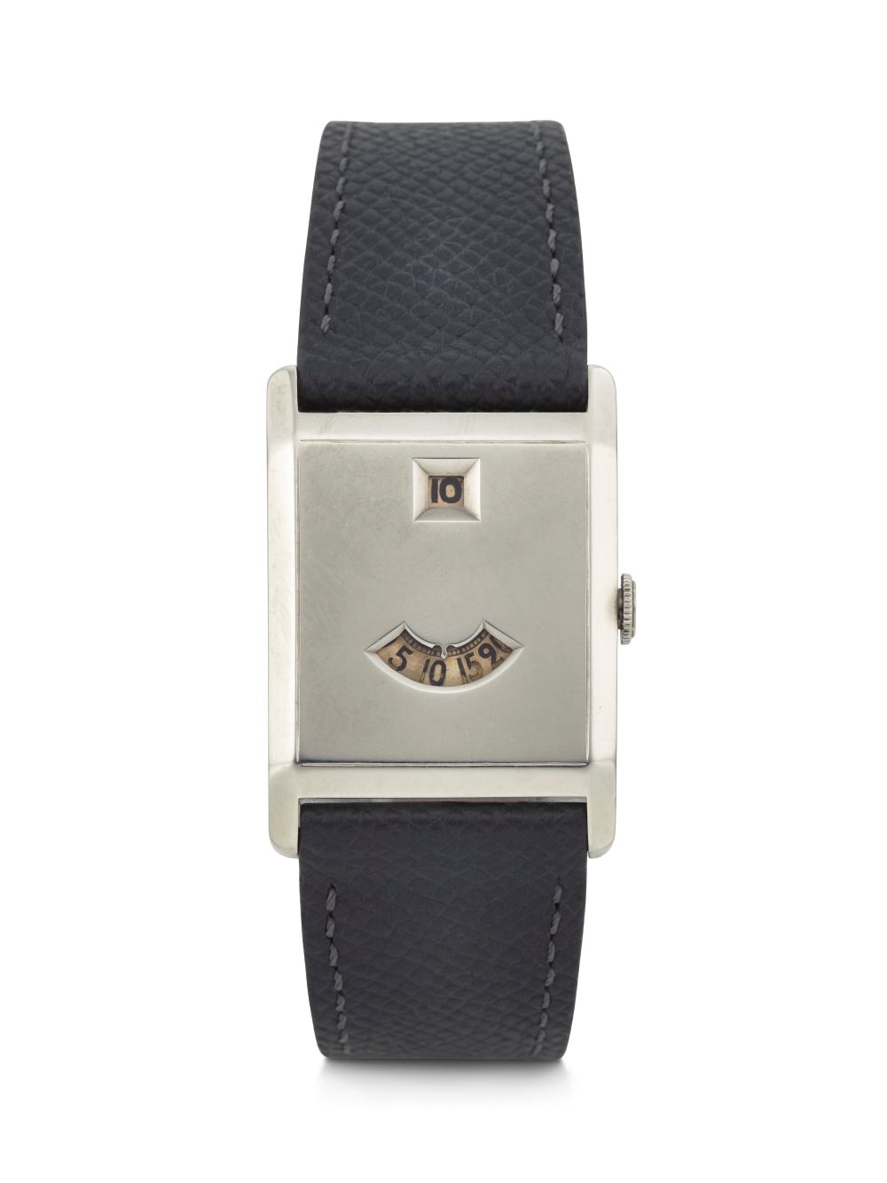 Audemars Piguet 18k white gold jumping hour watch with a black leather strap and unique dial design.