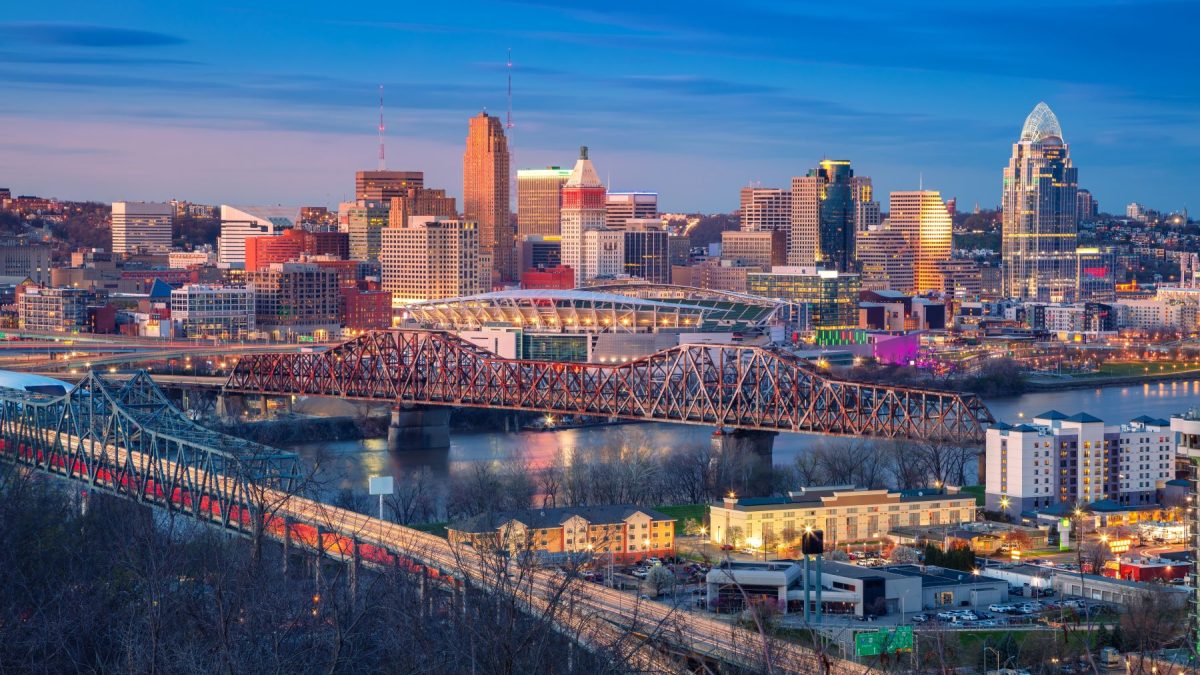 Cincinnati skyline at dusk featuring bridges, waterfront, and illuminated buildings showcasing the city's vibrant atmosphere.