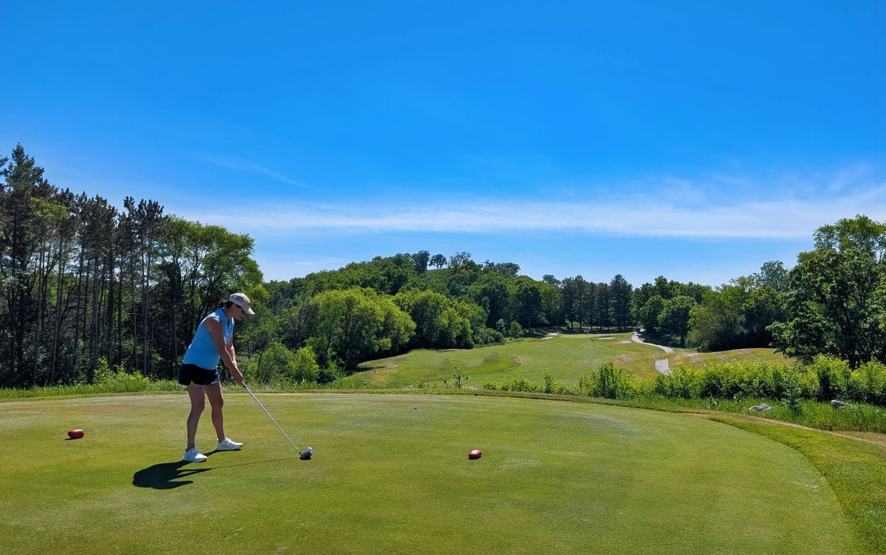 A golfer prepares to tee off on a sunny day with lush greenery and a winding path in the background.