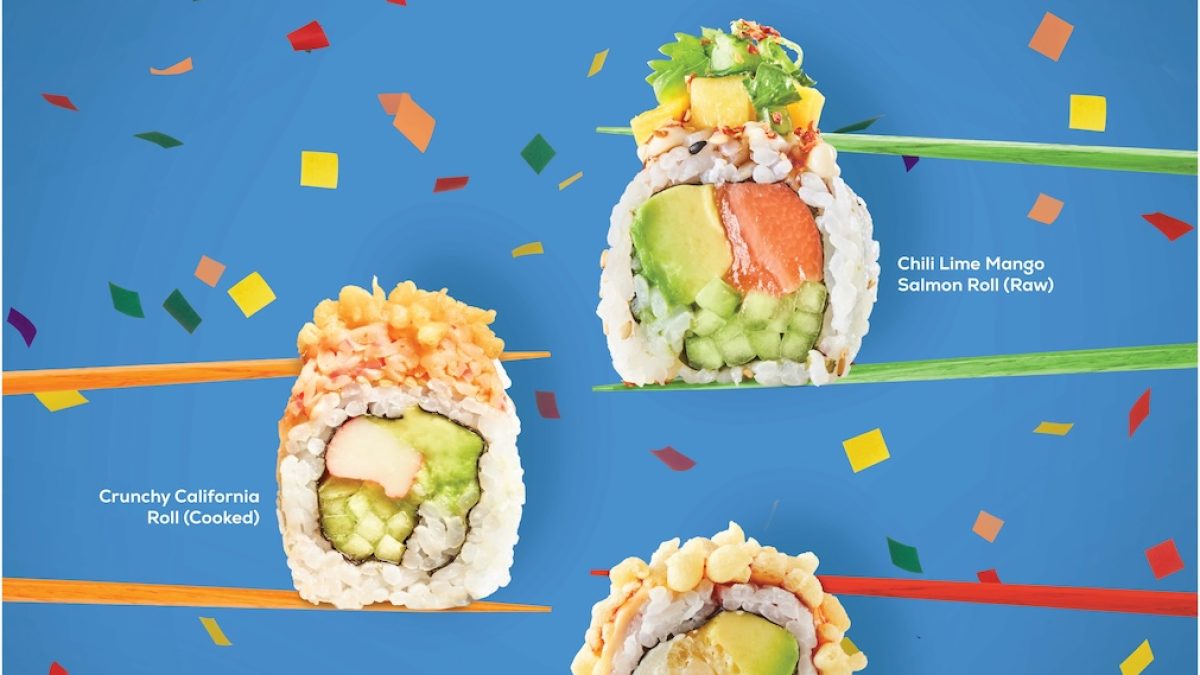 Sushi rolls featured in a colorful celebration, including chili lime mango salmon, crunchy California, and spicy tempura shrimp rolls.