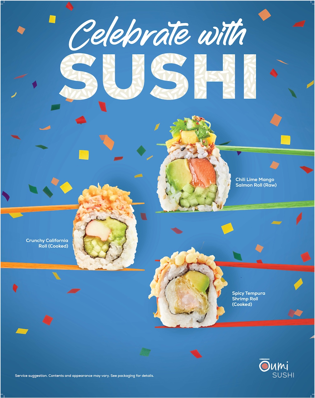 Sushi rolls featured in a colorful celebration, including chili lime mango salmon, crunchy California, and spicy tempura shrimp rolls.