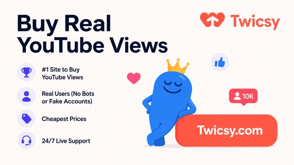 Promotional graphic for Twicsy, featuring a blue character and text about buying real YouTube views with 24/7 support.