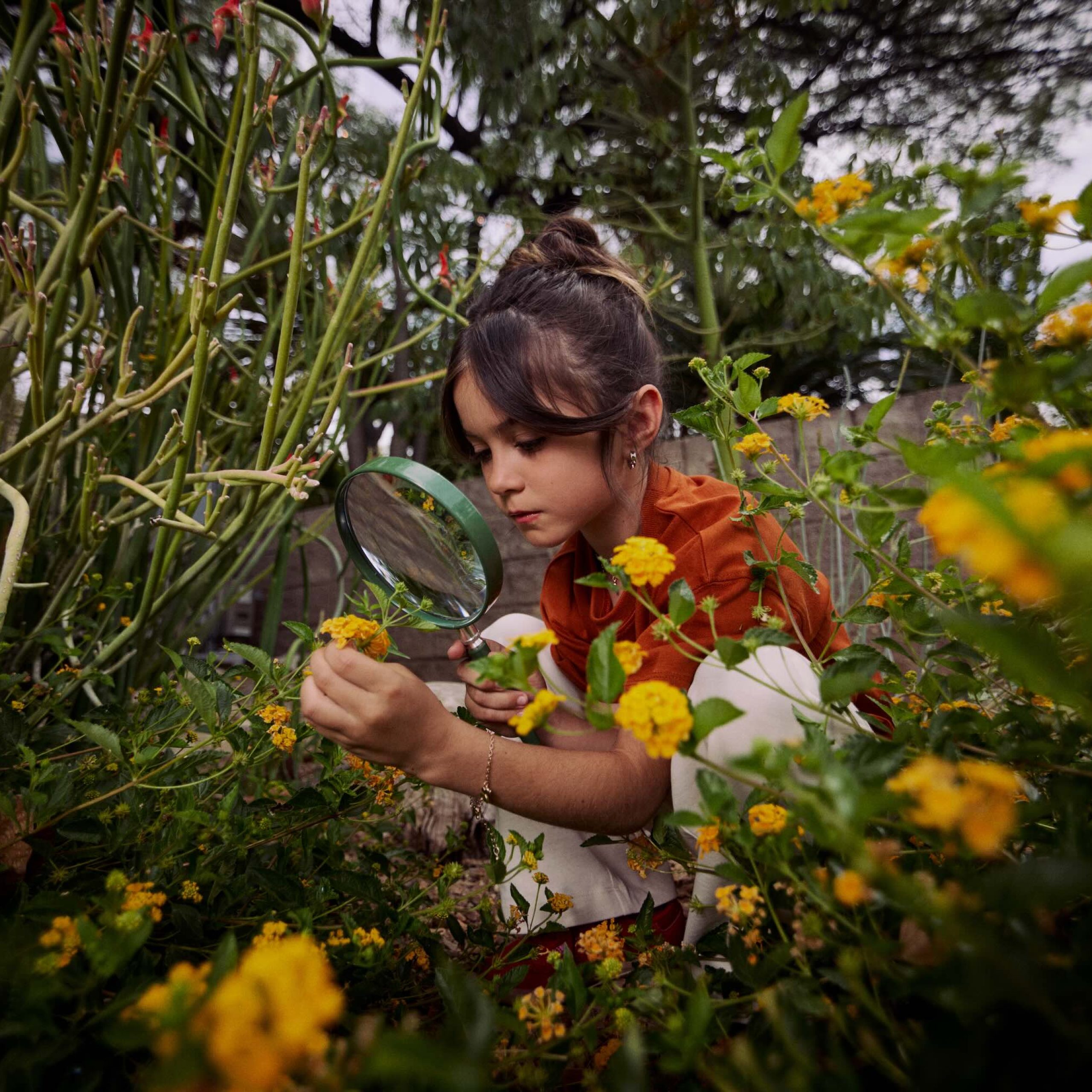 A child examines yellow flowers with a magnifying glass while surrounded by greenery.