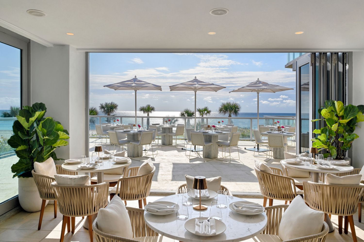 Dining area with stylish chairs and tables overlooking a scenic ocean view, featuring umbrellas and tropical plants.