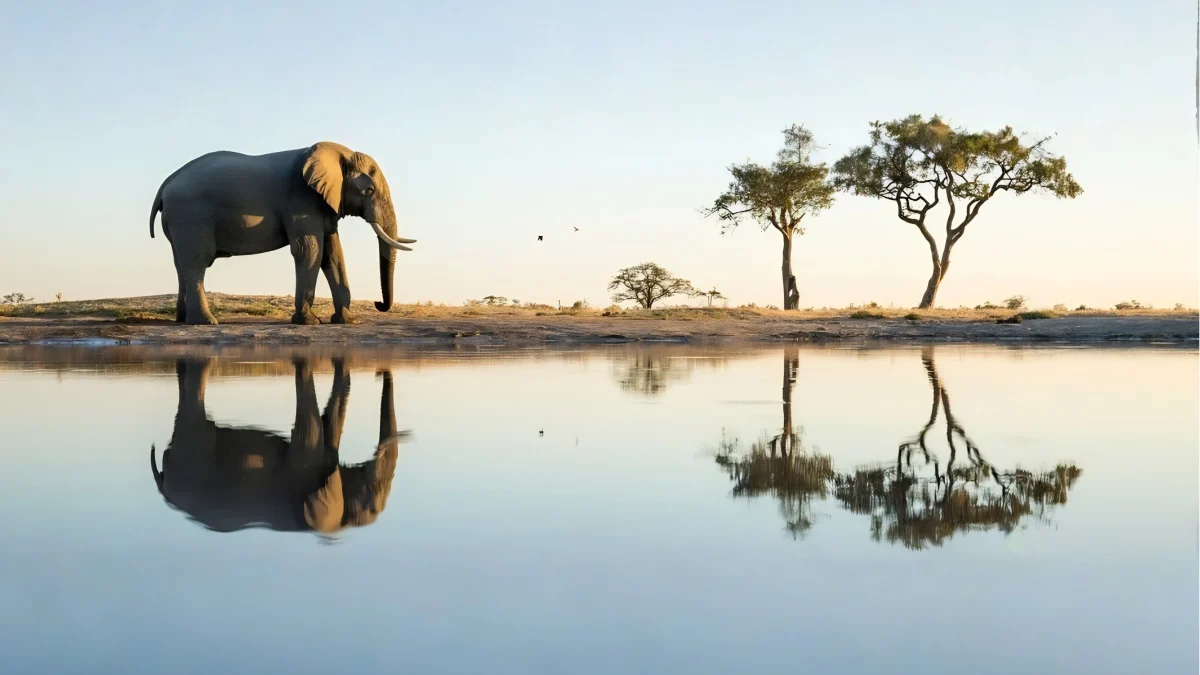 Elephant standing by a serene waterhole with trees in the background, reflecting in the water.