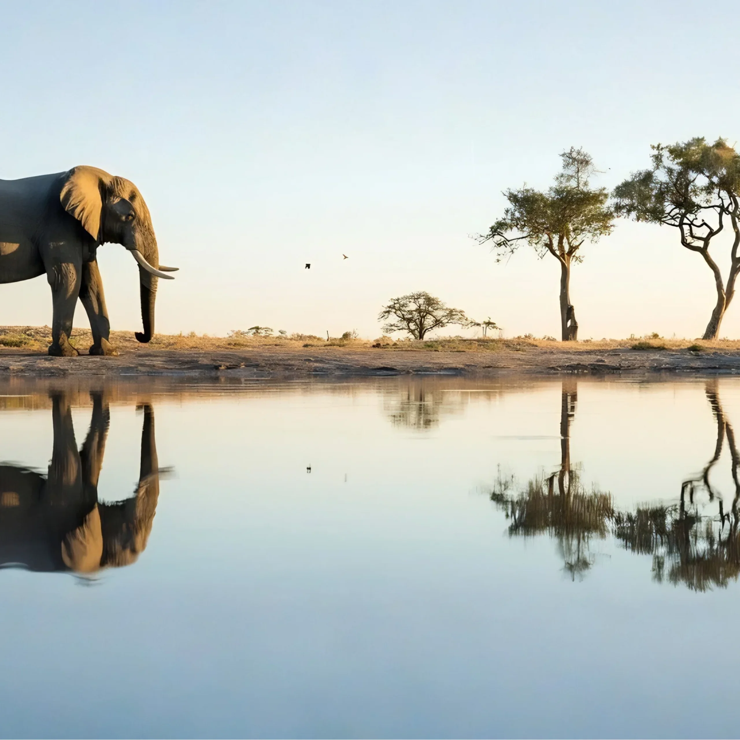 Elephant standing by a serene waterhole with trees in the background, reflecting in the water.