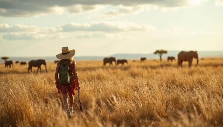 A woman walks through tall grass near a herd of elephants against a scenic sky.