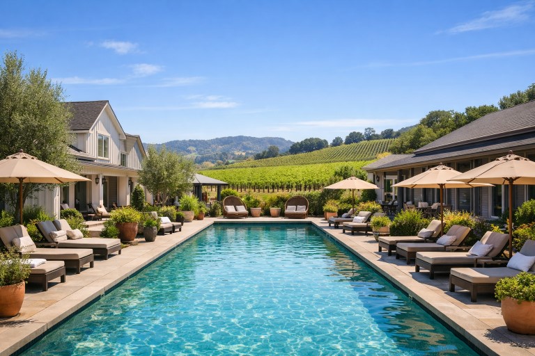 Luxury pool area at Duchamp Healdsburg, surrounded by vineyards and shaded loungers under umbrellas.