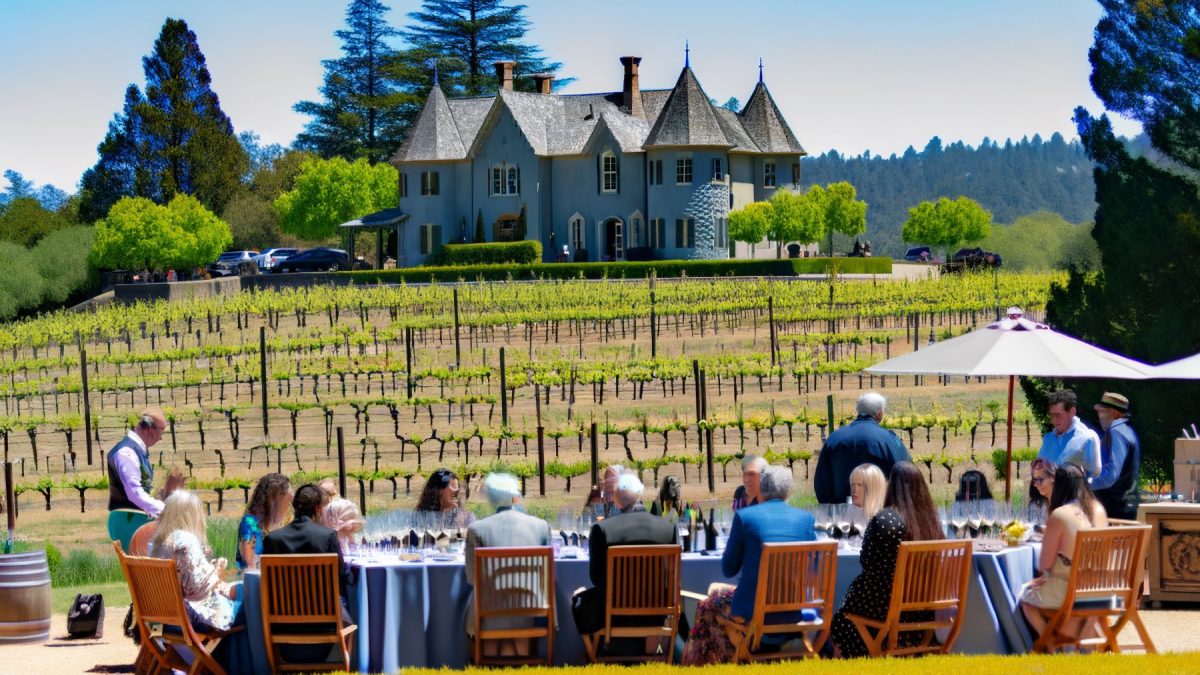 Guests enjoy a meal outdoors at a table with a vineyard and a charming blue estate in the background.