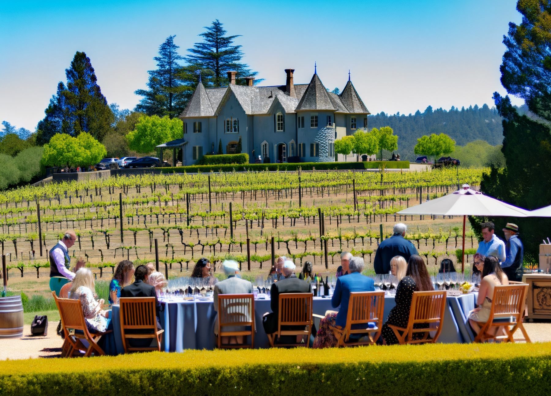 Guests enjoy a meal outdoors at a table with a vineyard and a charming blue estate in the background.
