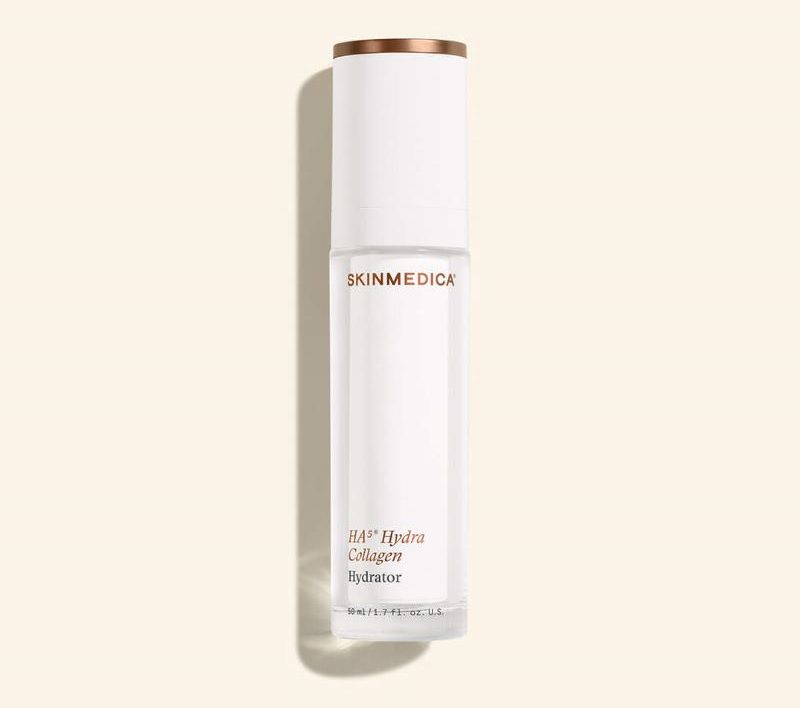 HA5 Hydra Collagen Hydrator by SkinMedica in a sleek white bottle with a gold cap, designed for skin hydration and rejuvenation.