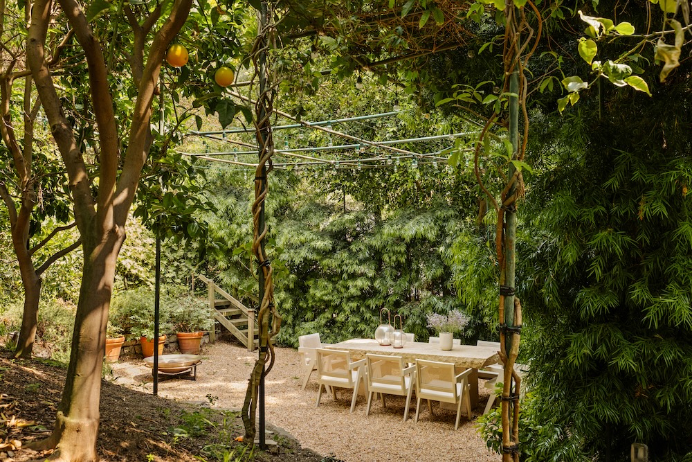 Dining area surrounded by lush greenery, featuring a table with chairs and decorative plants in a serene outdoor setting.