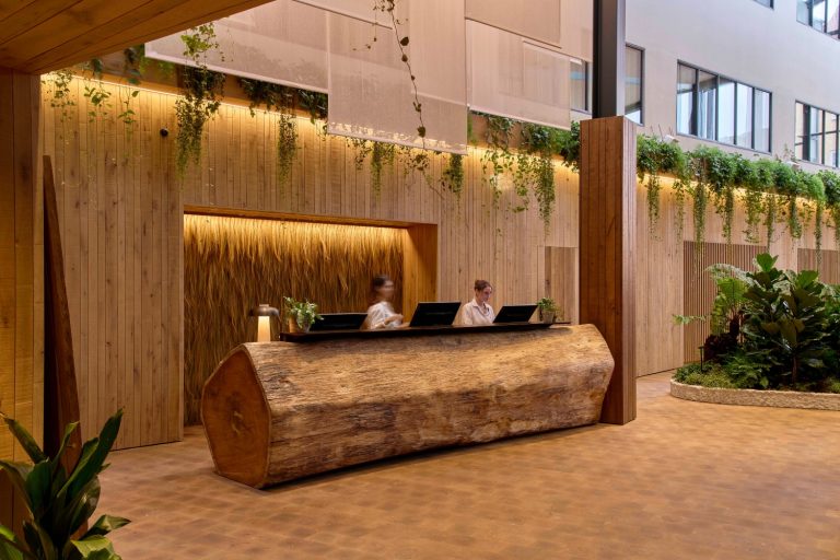Reception area of an eco-luxury retreat featuring wooden decor, lush greenery, and staff at a natural log desk.