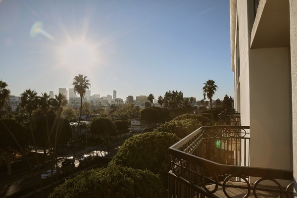 View from a balcony at L'Ermitage Beverly Hills, featuring palm trees and a city skyline under a bright sun.