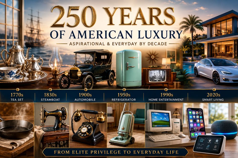 A visual timeline showcasing 250 years of American luxury, featuring iconic items from each decade.