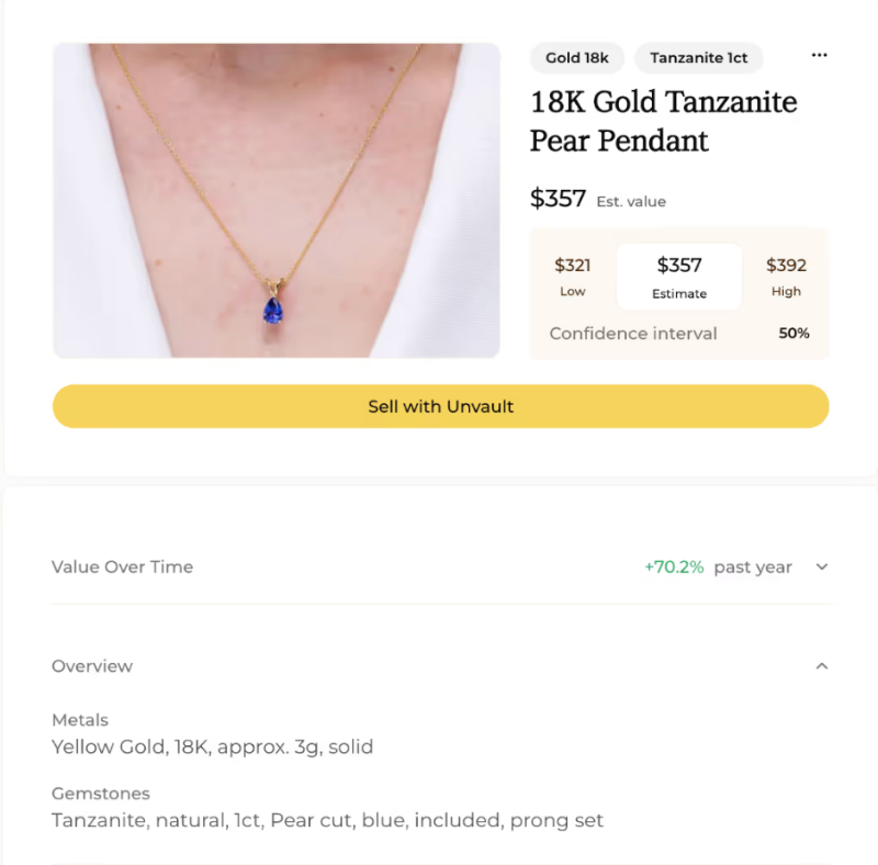 18K gold tanzanite pear pendant showcased on a person, highlighted by a vibrant blue gemstone.