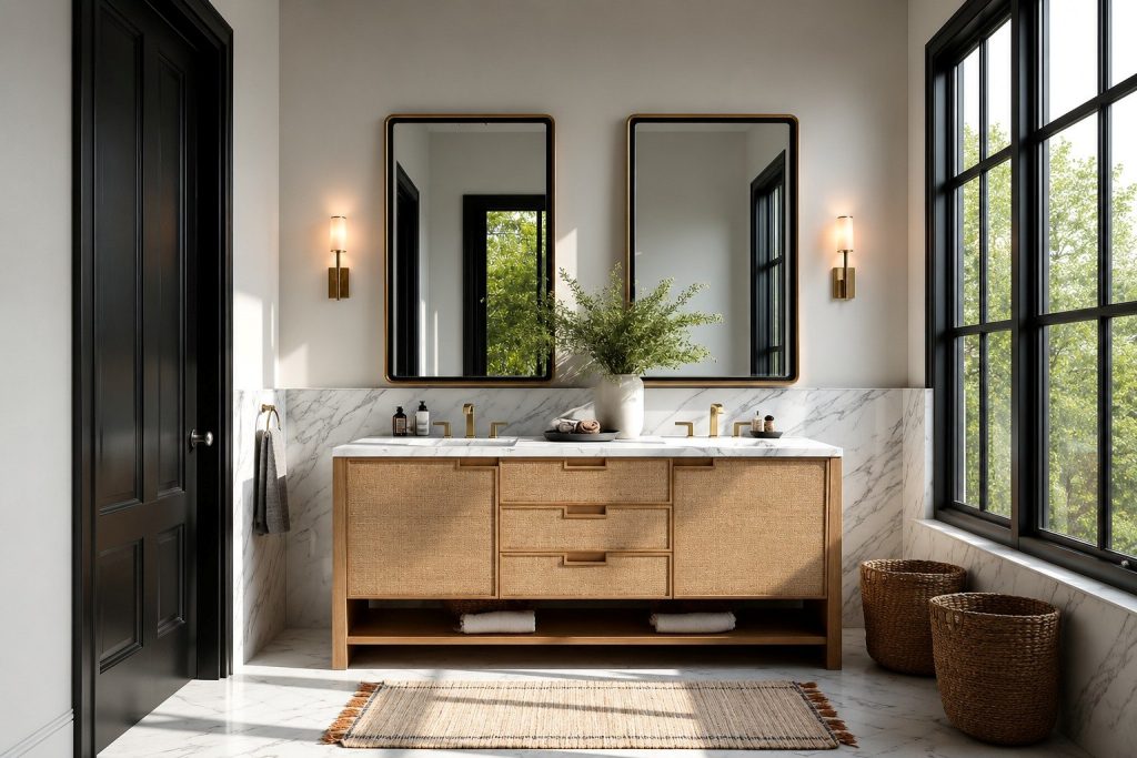 Stylish luxury bathroom featuring a double sink vanity, elegant mirrors, bright lighting, and natural decor elements.