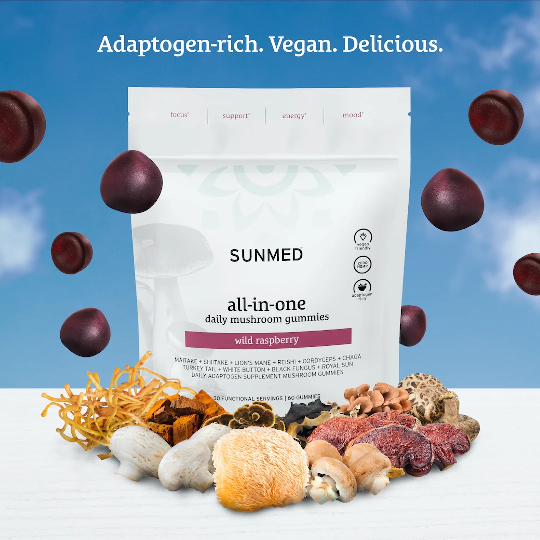 Adaptogen-rich mushroom gummies by Sunmed in wild raspberry flavor, surrounded by various mushrooms and a blue sky background.