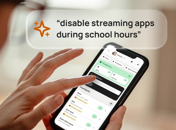 Hand using a smartphone displaying a feature to disable streaming apps during school hours.