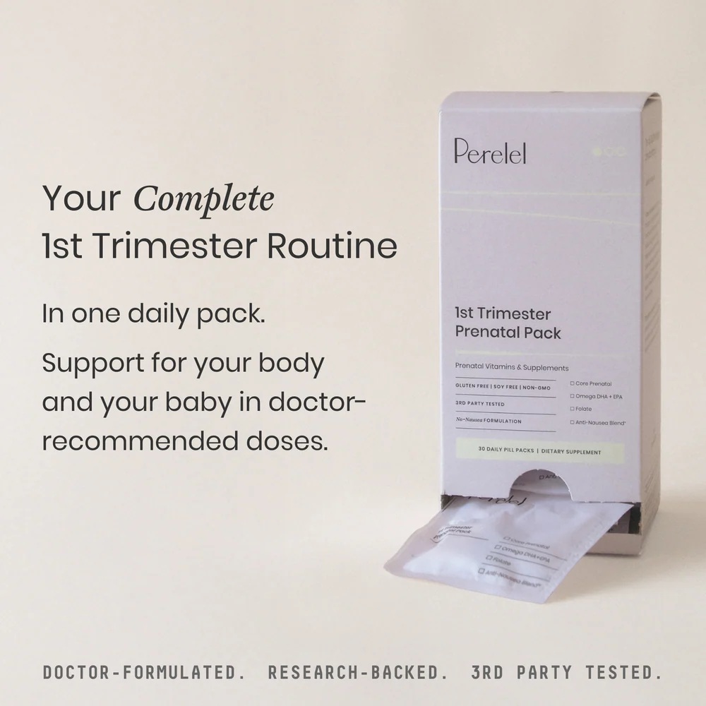 Perelel's 1st Trimester Prenatal Pack provides essential vitamins and supplements for expecting mothers in convenient daily doses.