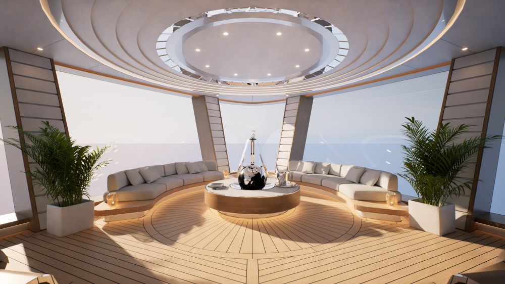 Luxurious lounge area with curved seating, a central table, and large windows overlooking a tranquil setting.