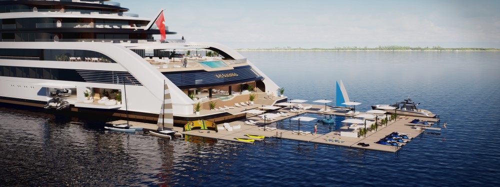 Luxury yacht moored at a private dock with recreational facilities, surrounded by calm waters and a clear sky.