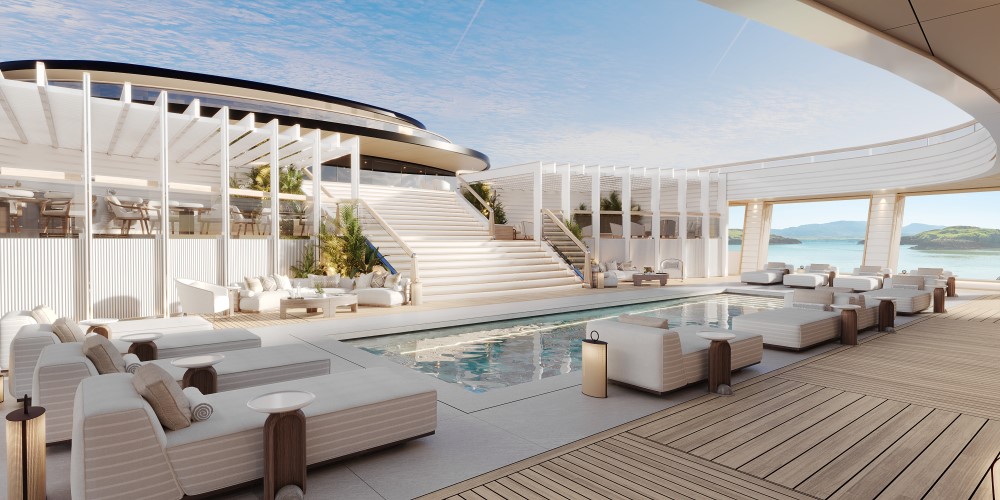 Luxurious pool deck with stylish loungers, a modern design, and scenic views of the water and surrounding landscape.
