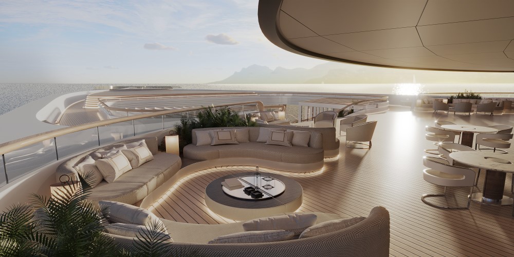 Luxurious pool deck with modern seating, elegant tables, and panoramic ocean views creating a serene outdoor space.