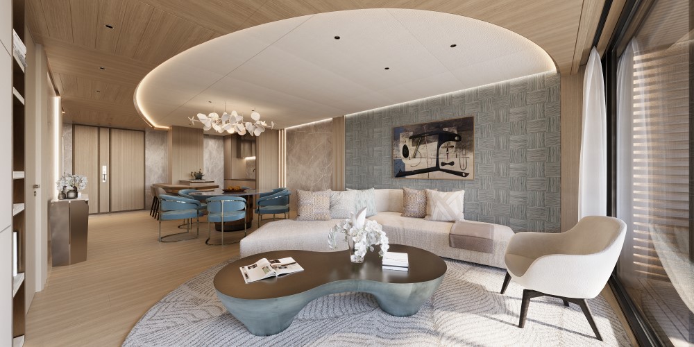Contemporary living room with modern furniture, a round ceiling, and artistic decor in a spacious layout.