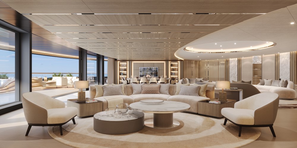 Luxurious penthouse interior featuring modern furniture, panoramic windows, and an elegant, spacious design.