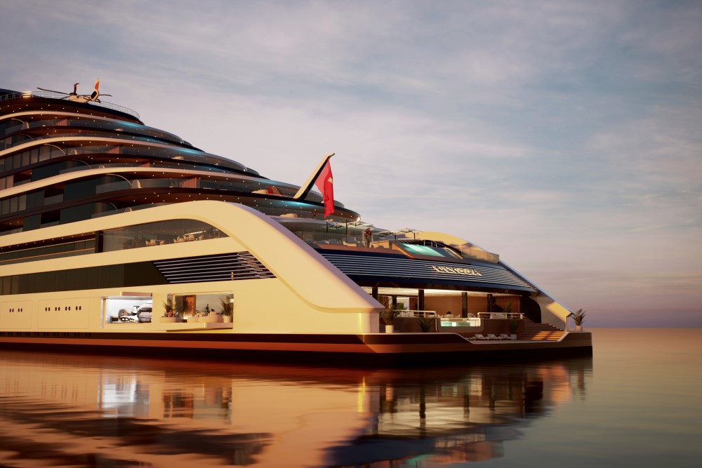 Luxury yacht ULYSSIA at sunset, showcasing its sleek design and elegant amenities on calm waters.