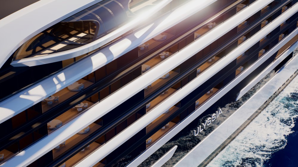 Close-up view of the ULYSSIA yacht showcasing balconies and dining areas against a backdrop of ocean waves.